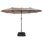 Tan patio market umbrella with double-sided canopy, center pole, and square weight base