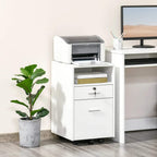 White rolling filing cabinet with locked drawer and two lower drawers on wheels