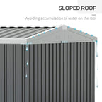 Grey metal shed with sloped roof design for rainwater runoff and drainage