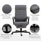 Grey fabric office chair with linen-like texture, thick padding, and sturdy caster base