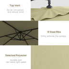 Beige square cantilever parasol canopy with top vent, steel ribs, and fabric panels