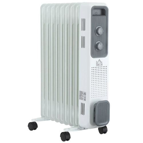 White oil-filled radiator heater with 9 fins, control knobs, and rolling wheels base.