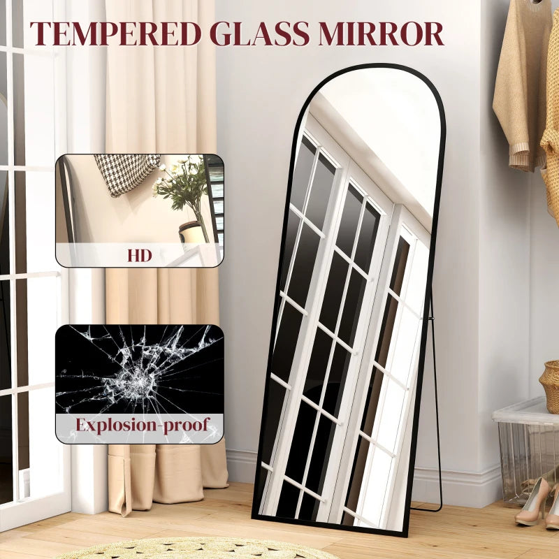Black full-length tempered glass mirror with arched frame and wide reflective view