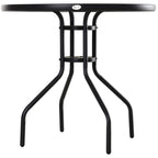 Black round bistro table underside with tempered glass top and tripod legs