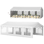 White garden gazebo with sidewalls and arched window panels for shelter