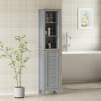 Grey free-standing bathroom storage cabinet with 3-tier open shelving and louvered door.