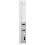 Tall freestanding bathroom storage cabinet with open shelves and three grey door compartments