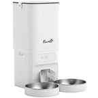 White 7L automatic cat feeder with dual stainless bowls and open dispensing tray