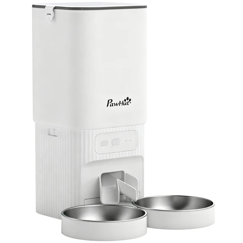 White 7L automatic cat feeder with dual stainless bowls and open dispensing tray