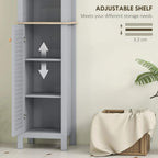 Grey cabinet with side door open, showing interior shelves and louvered front panel.