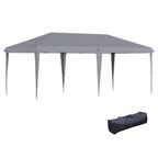 Grey pop-up gazebo canopy tent with peaked roof and six support legs