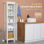 White slim bathroom cabinet with open shelves and door, tall storage unit design