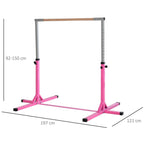 Pink height-adjustable kids horizontal bar frame with wooden grip and measurement guides