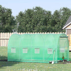 Green outdoor greenhouse tunnel with mesh windows and front roll-up zip door
