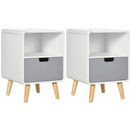 Set of 2 white nightstands with open shelf, gray drawer, and light wood tapered legs
