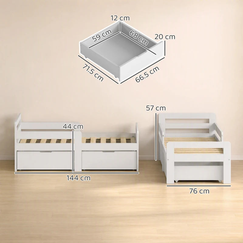 Grey kids bed frame with two storage drawers and side guard rails, size shown
