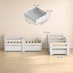 Grey kids bed frame with two storage drawers and side guard rails, size shown
