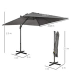 Dark grey square cantilever parasol with cross base and size labels