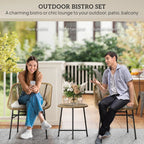 Outdoor rattan bistro set with two chairs and round glass top coffee table