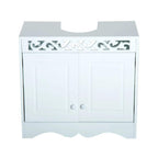 White 2-door bathroom vanity cabinet with decorative frieze above the doors