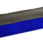 Blue balance beam close-up with textured non-slip top and edge seam