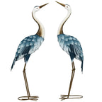 Set of 2 steel crane garden ornaments, white heads, blue patterned feathers, gold legs