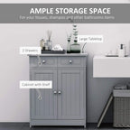 Grey bathroom storage cabinet with two drawers and double-door cupboard, wide tabletop