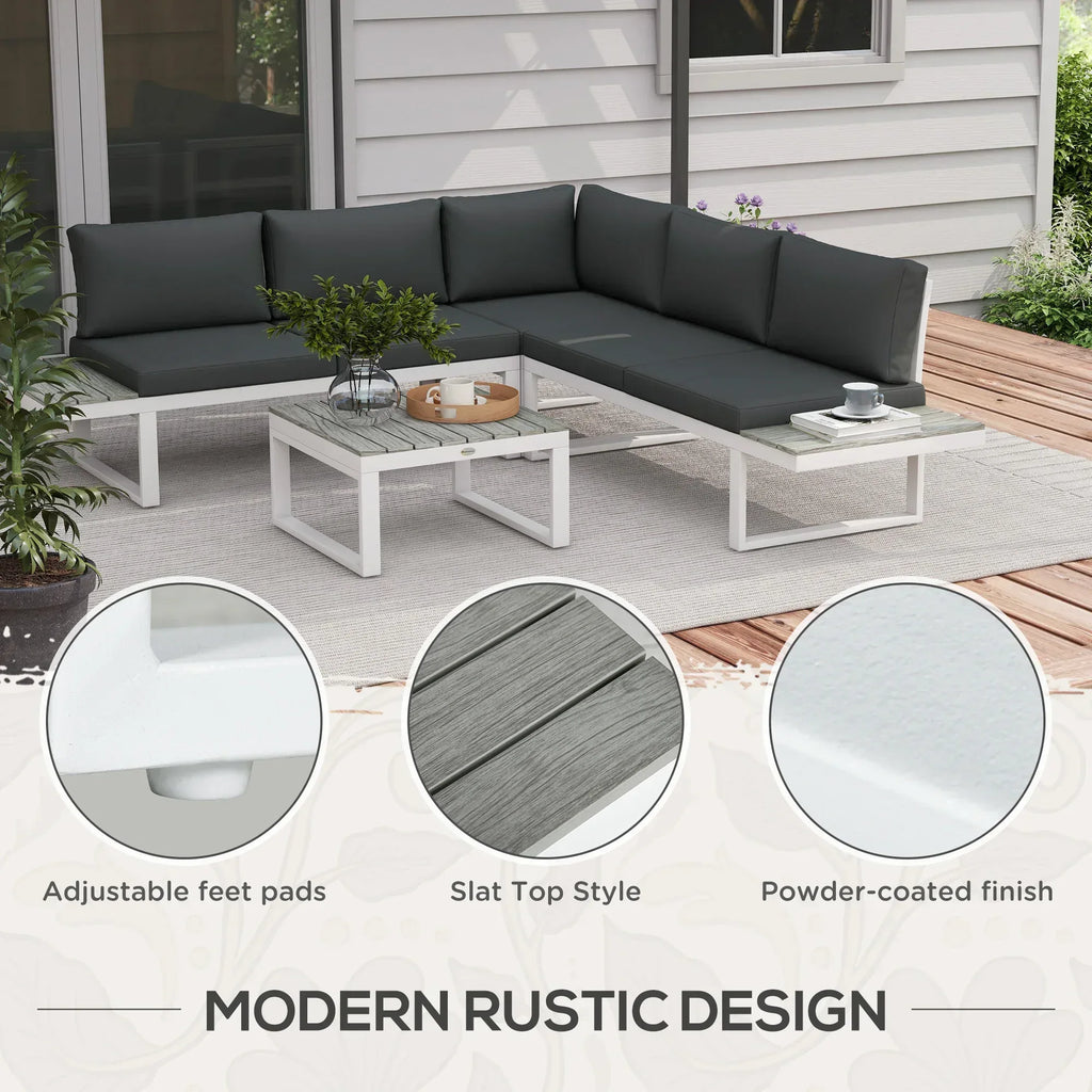 4 Pieces Garden Furniture Set, 5-Level Reclining Garden Corner Sofa Set, Outdoor Lounge Conversation Sectional with Cushions, Wood Effect Plastic Table, White Frame & Grey Cushion - Bobobiy