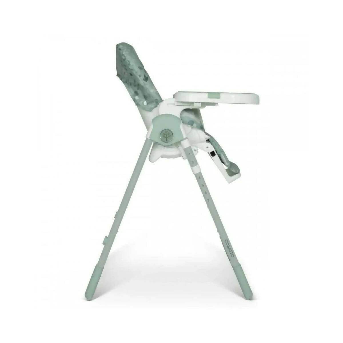 Mint and white high chair angled view with tray, harness, and adjustable leg frame