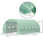 Green garden tunnel greenhouse with roll-up door, mesh windows, and labeled dimensions