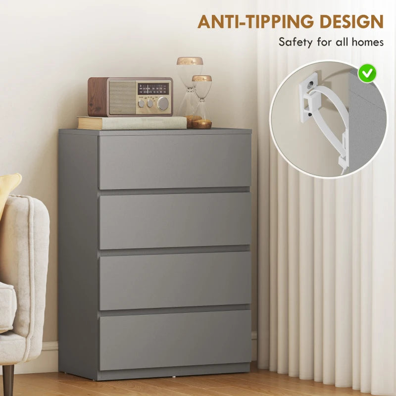Grey four-drawer cabinet with top safety anti-tipping design detail.