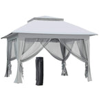 Light grey pop up gazebo with mesh curtains and adjustable roof, front view