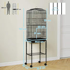 Wheeled black bird cage with two-level design, front access, and top mesh dome