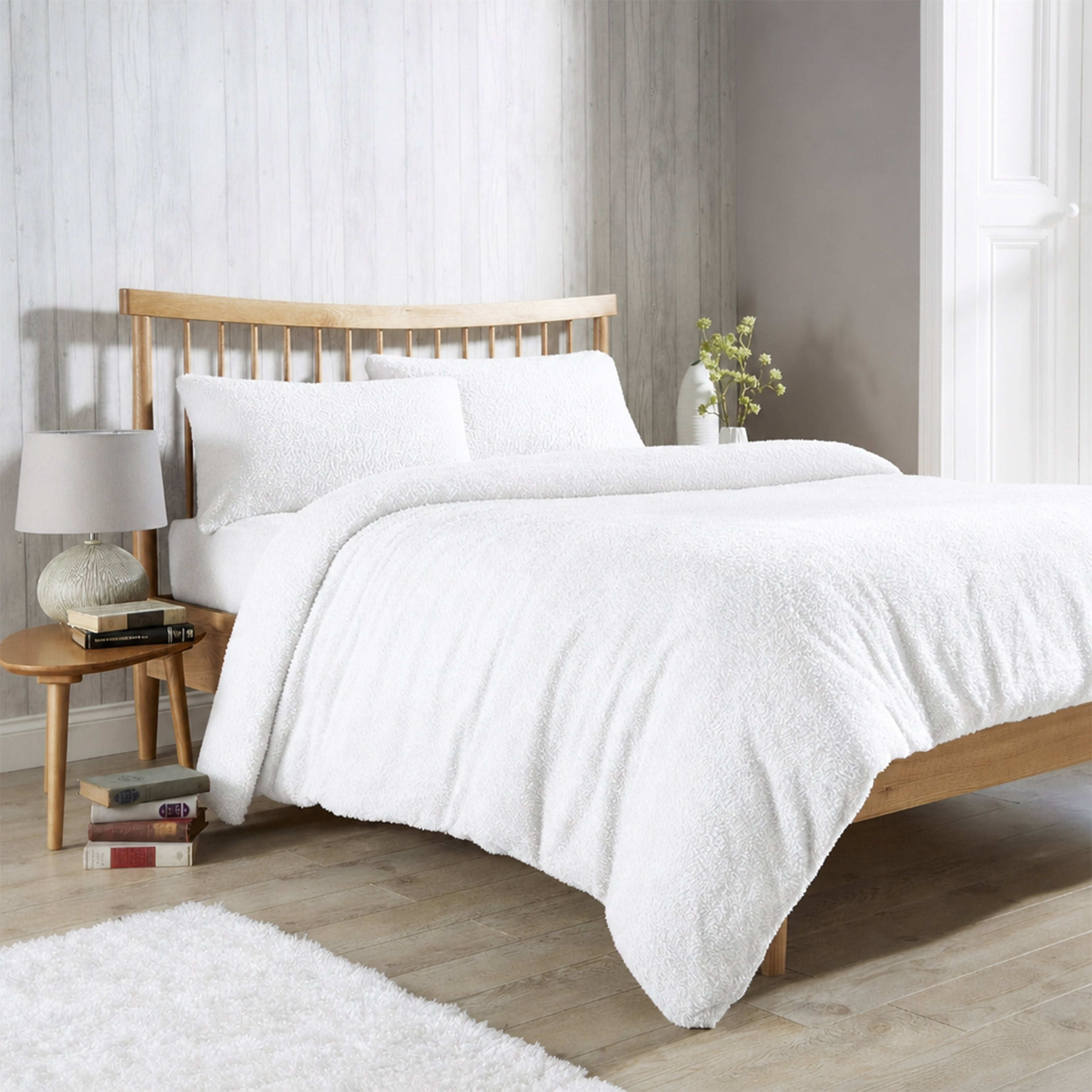 Teddy fleece duvet cover set, white, plush bedding with matching pillow covers