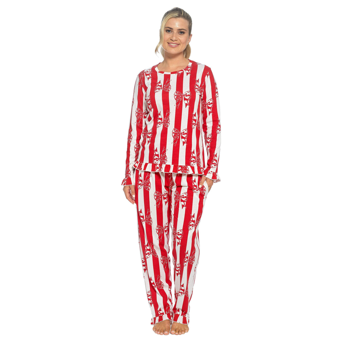 Red and white striped womens cotton pajama set, long-sleeve top and matching elastic-waist bottoms
