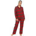 Red plaid flannelette pajama set featuring long-sleeve button shirt and elastic waist pants