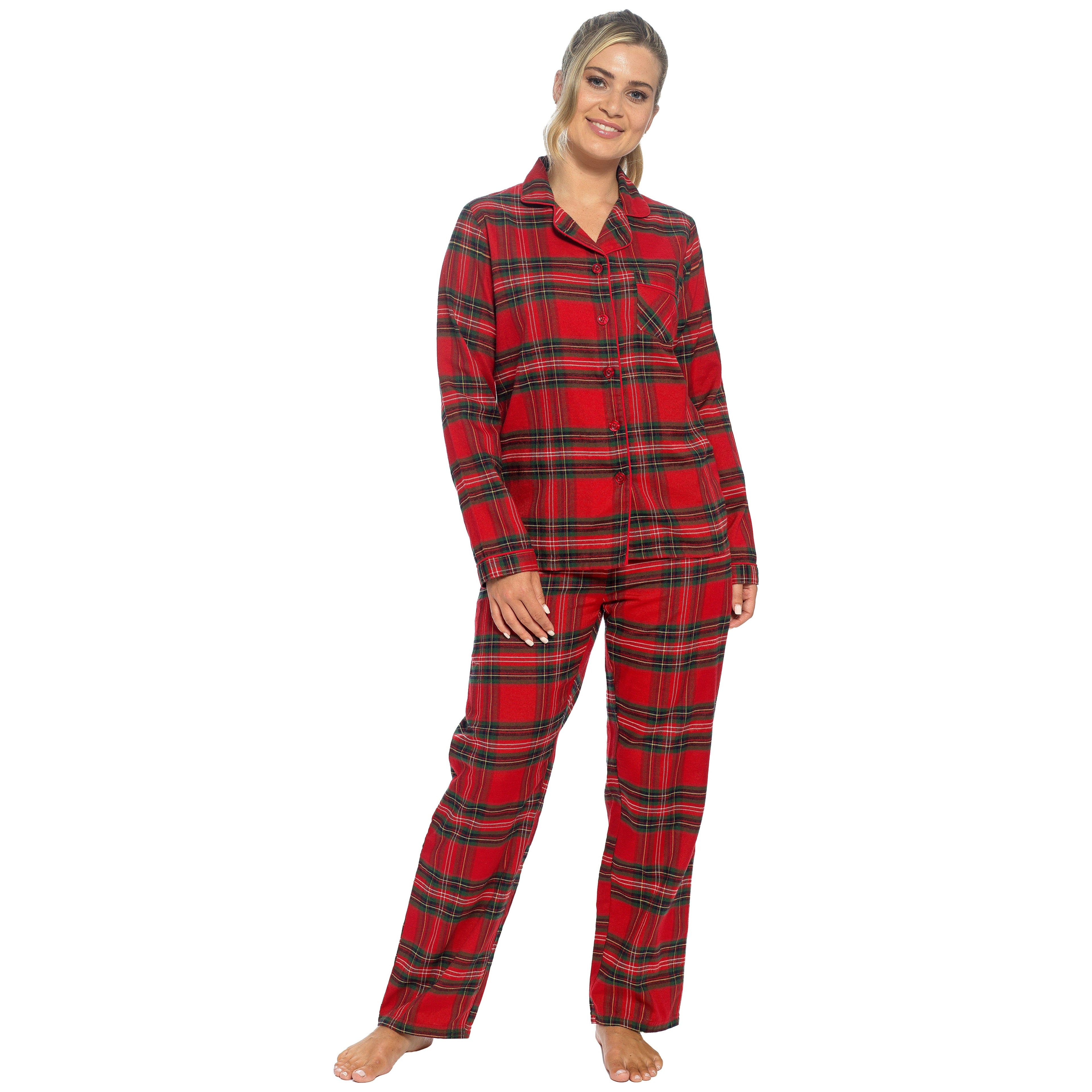 Red plaid flannel pajama set: front-button long-sleeve top, elastic waist pants