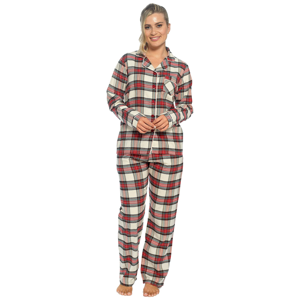 Cream plaid flannel pajama set: long-sleeve button placket top, elastic waistband pants
