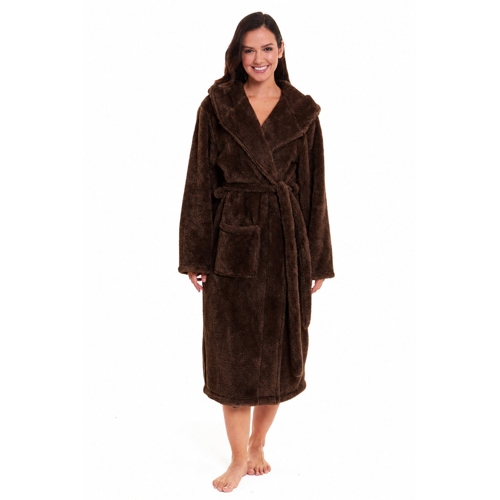 Hooded fleece robe for women, dark brown, long sleeves, belt tie, mid-calf robe