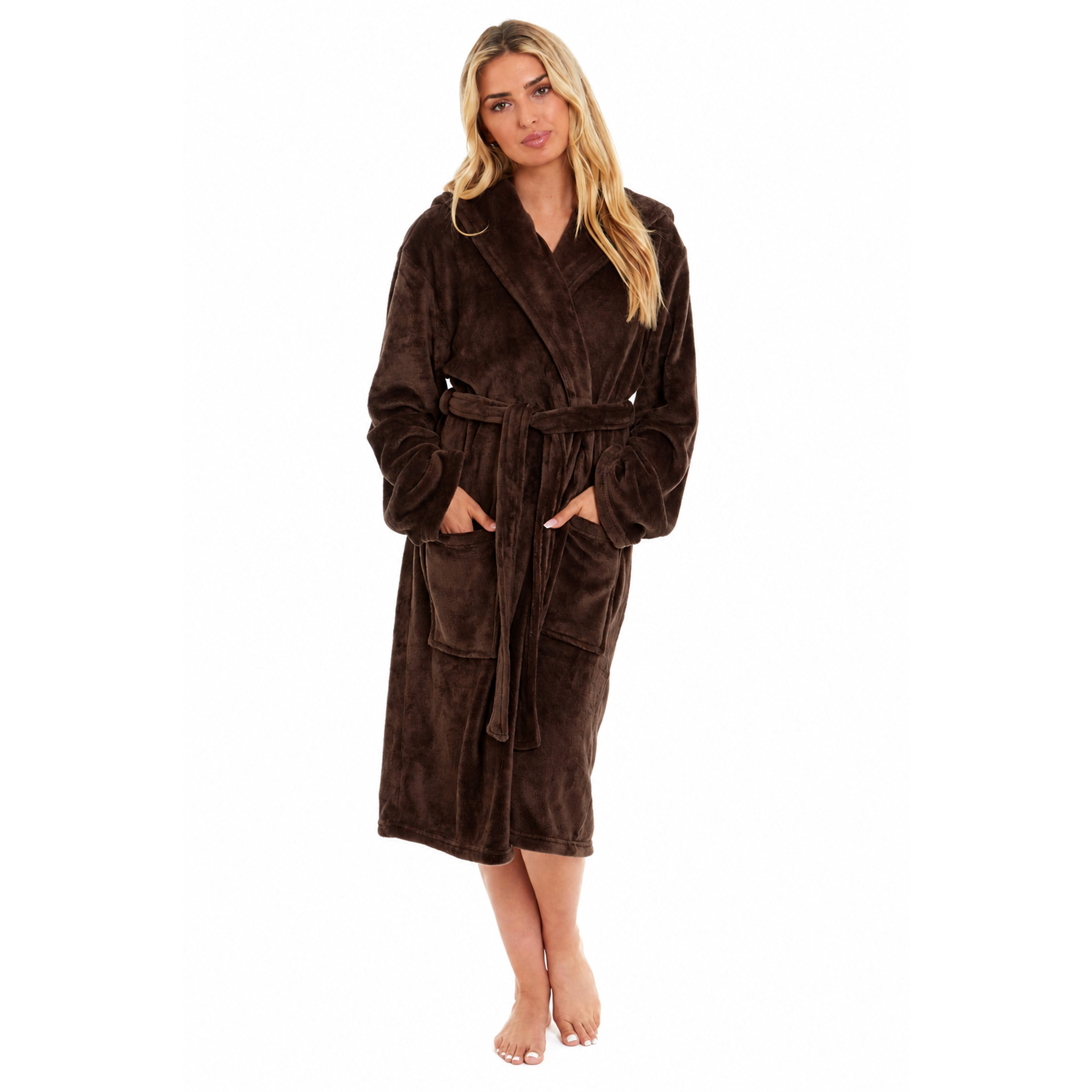 Women’s plush fleece bathrobe dark brown with long sleeves, belt tie, and pocket details