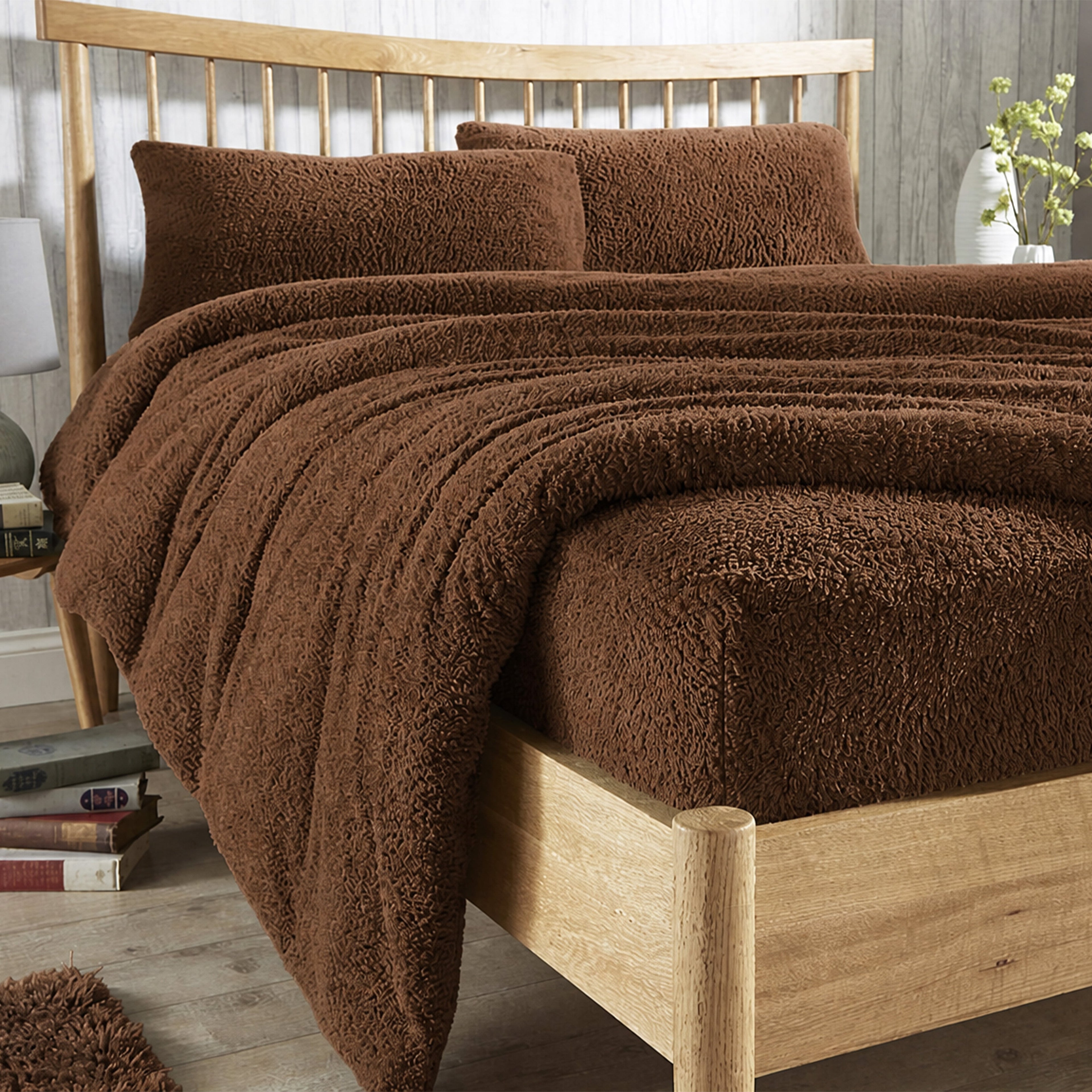 Chocolate brown plush teddy fleece extra-deep fitted bed sheet with elastic edges.