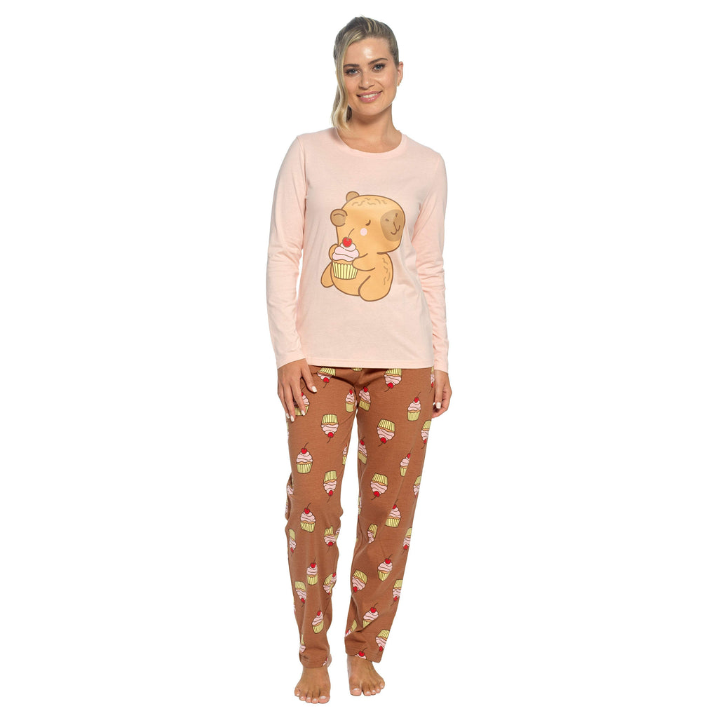Women’s cotton pajama set, pale pink crew-neck top with animal print jogger-style pants