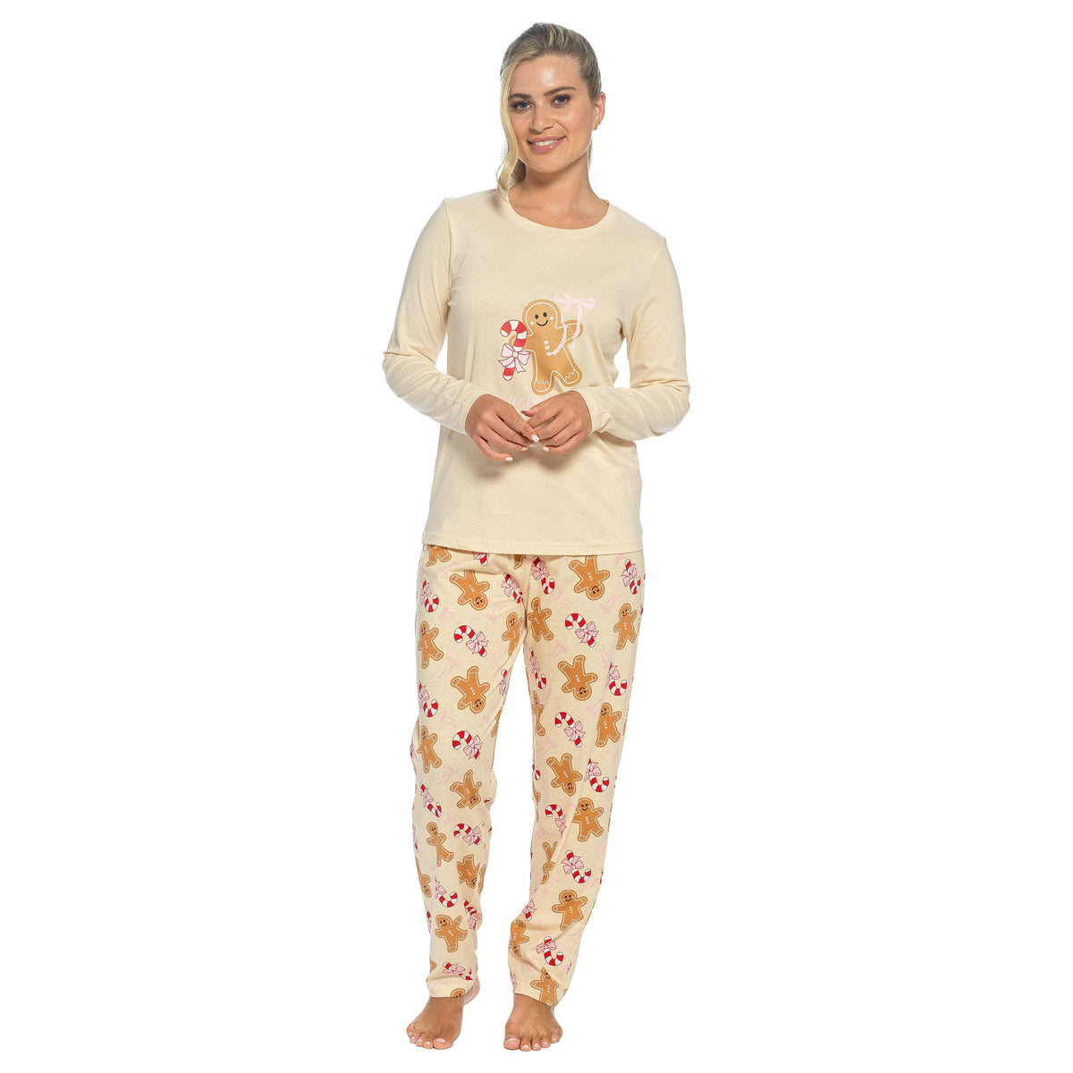 Cream womens cotton pajama set featuring a gingerbread print top and tapered patterned elastic-waist pants