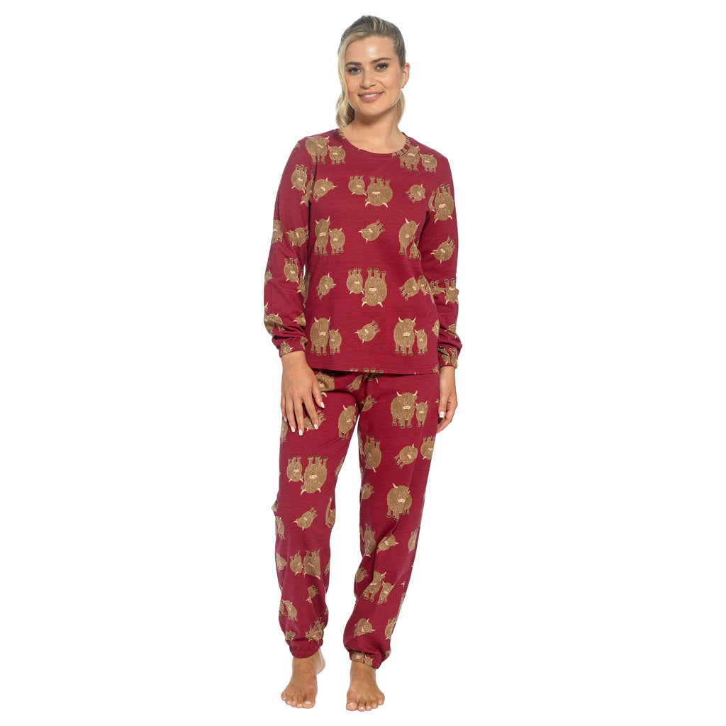 Women’s cotton pajama set in burgundy, animal-print long-sleeve top and pants