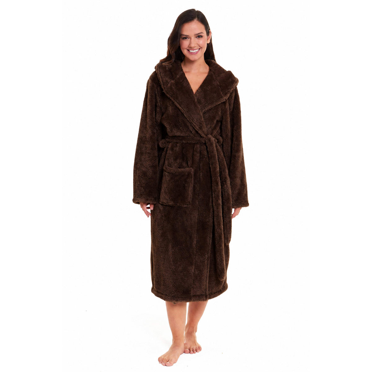 Women's hooded fleece robe, dark brown with belt tie and front pockets, mid-calf length
