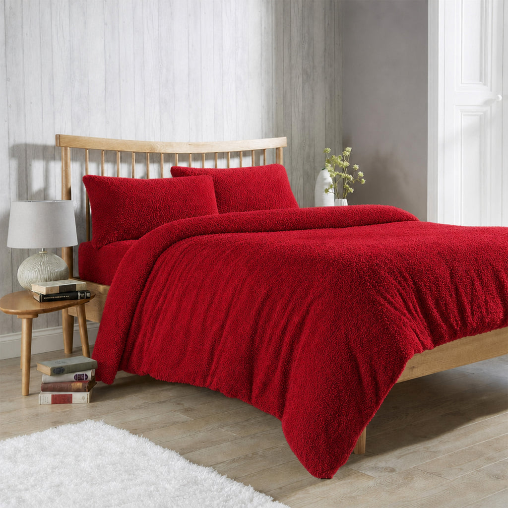 Teddy fleece duvet cover set in red, plush bedding with two matching pillow shams