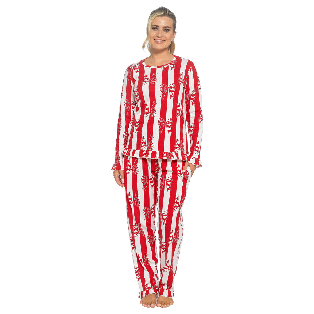 Women’s cotton pajama set in red and white, striped long-sleeve top with elastic waist pants