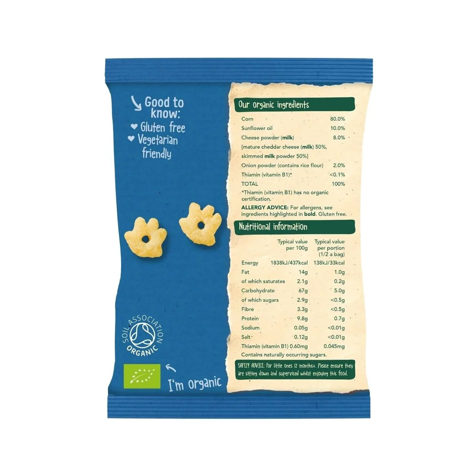 Organix snack bag back with nutrition table and ingredient details