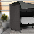 Dark grey swing chair protective cover with arched top and side panel close-up