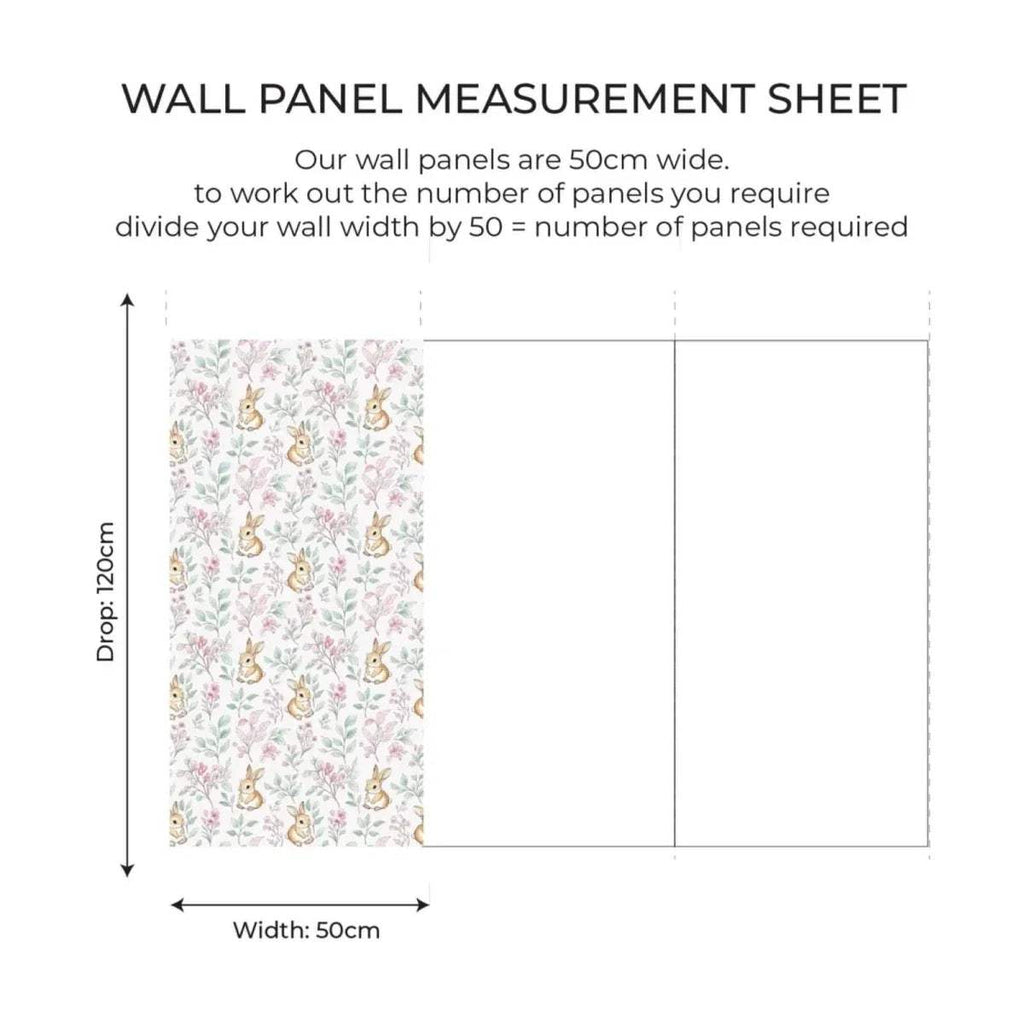 Wall panel measurement diagram with rabbit print, 50cm width and 120cm drop